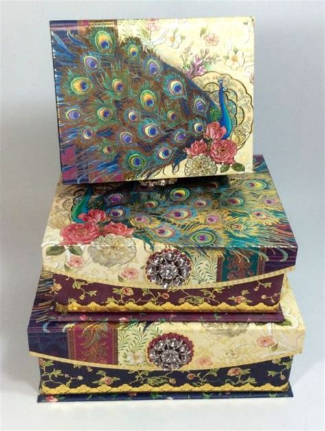 Set Of 3 New Punch Studio Peacock Keepsake Nested Storage Boxes Floral