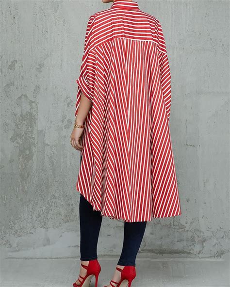 Striped Colorblock Batwing Sleeve Dip Hem Top Red M Trend Fashion