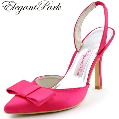 Summer Woman Wedding Shoes Sexy Hot Pink Hc1404 Pointy Bow Slingback High Heel Pumps Satin Bride