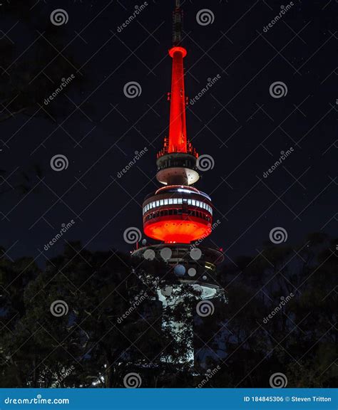 Close Up View Of Telstra Tower At Night Canberra Australia Stock