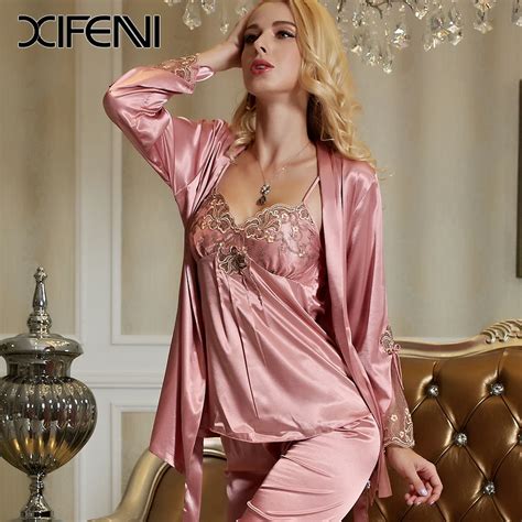 Xifenni Silk Pyjamas Pajamas Sets Womens Luxury Lace Sexy V Neck Sleepwear 3pcs Ladies Silk