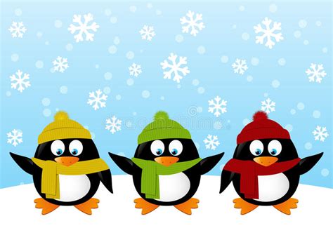 Funny Cartoon Penguins On Winter Background Stock Vector