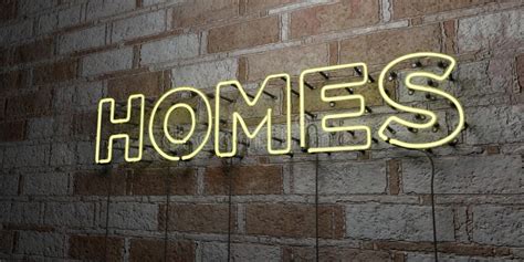Homes Glowing Neon Sign On Stonework Wall 3d Rendered Royalty Free