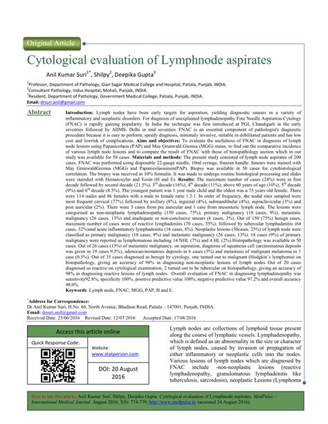 Pdf Cytological Evaluation Of Lymphnode Aspirates