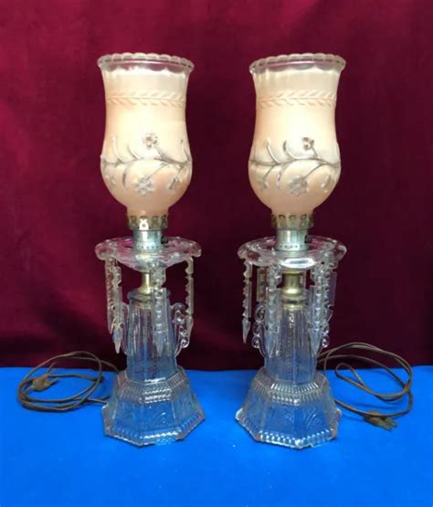 Vintage Pair Of Boudoir Rose Colored Hurricane Lamps With Prisms