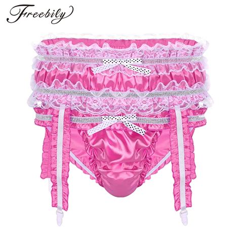 Mens Sexy Lingerie Briefs Panties 2021 Soft Shiny Satin Ruffled Frilly Low Rise Stretchy Sissy