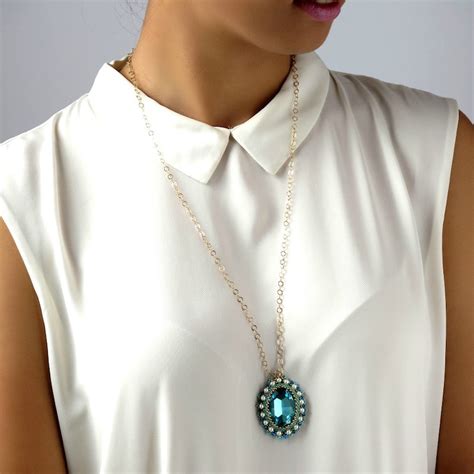 Long Turquoise Necklace Swarovski Crystal Pendant Necklace Etsy