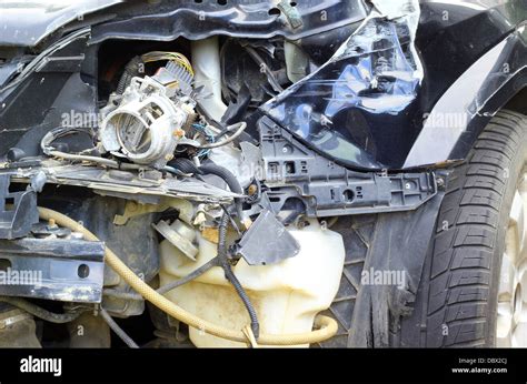 Crashed Car Close Up The Front Part Is Severely Damaged Stock Photo
