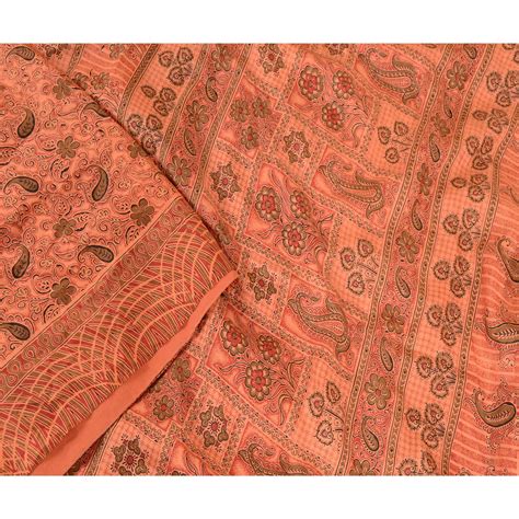 Sanskriti Vintage Peach Pure Silk Sarees Printed Sari Floral 5yd Craft