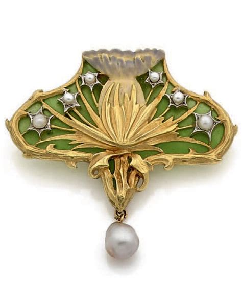 An Art Nouveau Gold Enamel And Pearl Thistle Pendant French Circa