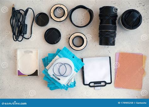Flat Lay Composition With Equipment For Professional Photographer Stock