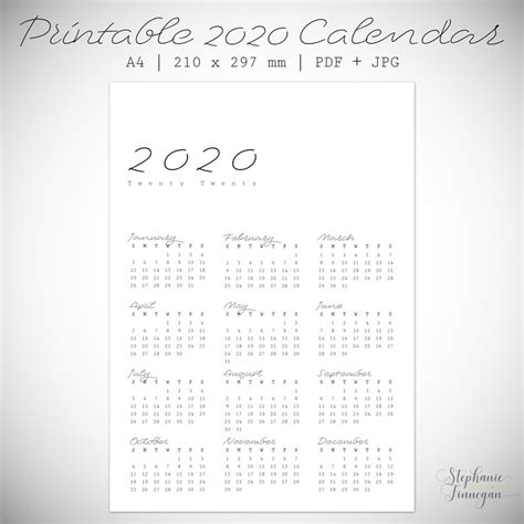 Yearly Calendar Printable A4 Size Year In One Calendar Etsy