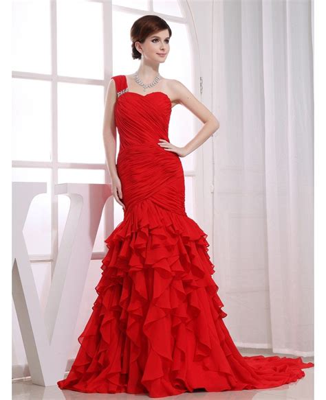 Red Mermaid One Shoulder Sweep Train Chiffon Wedding Dress With
