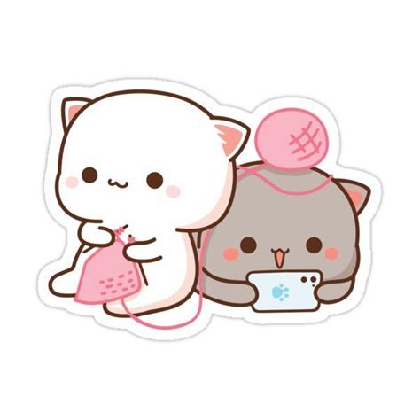 Peach And Goma Mochi Cat Knitting Sticker By Misoshop Kawaii Cat