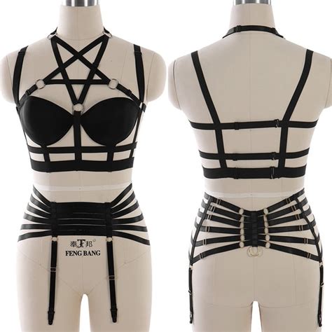 Sexy Body Harness Lingerie Set Feather For Women Black Caged Bra Belt Goth Garter Fetish