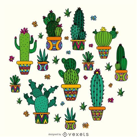 Illustrated Cactus Design Featuring Multiple Types Of Hand Drawn Cacti