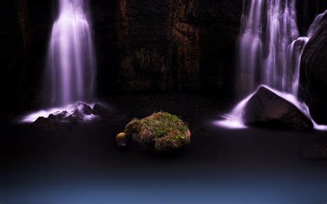 Photo Waterfall Night Rock Nature Long Exposure Light Darkness