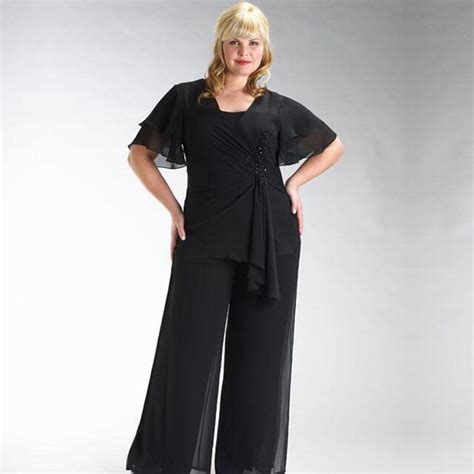 modern beaded black mother of the bride trouser suit plus size chiffon pant suits capped sleeves