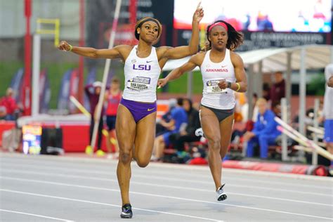 She holds personal records of 10.72 seconds and 22.00 seconds for the events. SEC Women — LSU Has New Frosh Sprint Star - Track & Field News