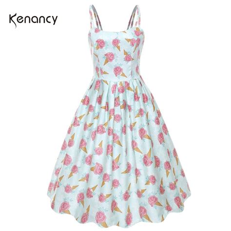 Kenancy Floral Ice Cream Print Pin Up Dress Women Summer Vintage Party