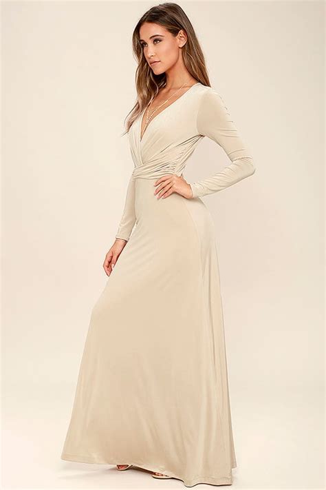 Lovely Beige Dress Maxi Dress Long Sleeve Dress