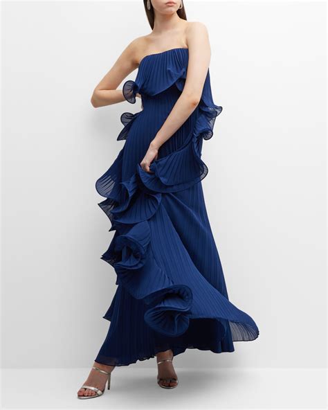 Badgley Mischka Collection Strapless Pleated Ruffle Gown Neiman Marcus