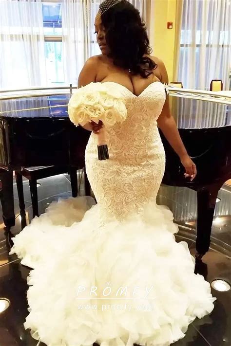 Ivory Lace And Organza Plus Size Mermaid Wedding Gown Promfy