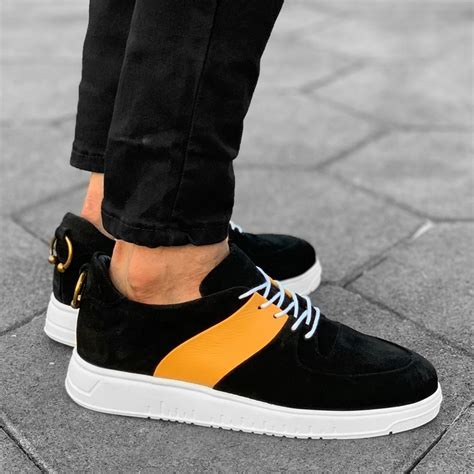 Martin Valen Mens Premium Genuine Leather Sneakers Black And Yellow