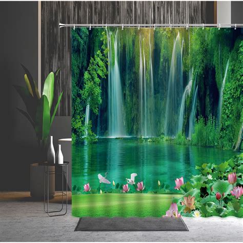 Bathroom Curtains Waterfall Forest Green Plants Flower Mountain Water
