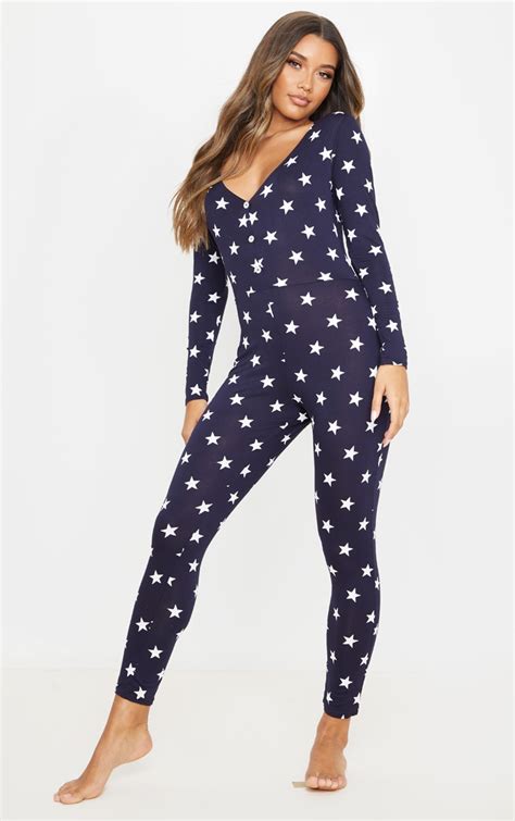 Navy Star Print Onesie Nightwear And Onesies Prettylittlething Il