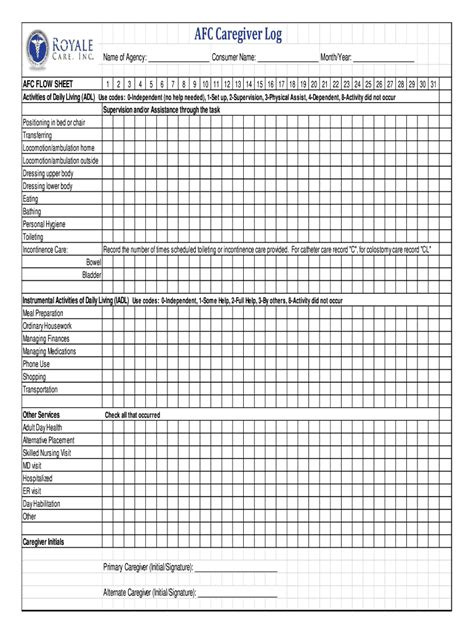 Royal Care Afc Caregiver Log Fill And Sign Printable Template Online