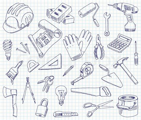 Freehand Drawing Building Materials On A Sheet Of Exercise Book Vector