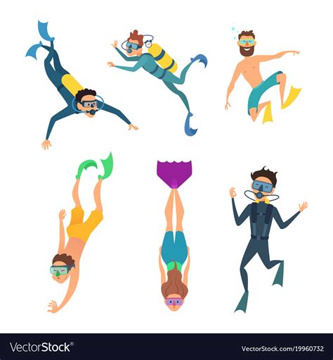 Set Of Cartoon Characters Underwater Divers Vector Image