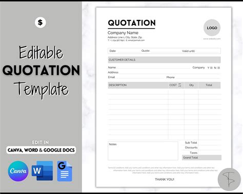 Quotation Template Editable Quote Form Small Business Etsy Hong Kong