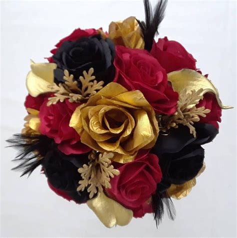 Bespoke wedding & bridal brooch bouquets, made to order. Wedding, Bouquet, Feathers, Red, Black, Roses, Gold, Calla ...