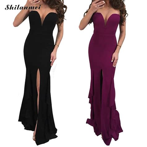 Sexy Off Shoulder Strapless Black Maxi Dress Split Backless Party Sleeveless Evening Mermaid