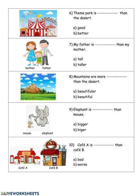There are a whole host of comparative adjectives in the english language and by adding these to your vocabulary, you will have the opportunity to form more complex in this section, we are going to be studying the comparative adjective and looking at some examples of how they can be used. Comparative adjective online worksheet