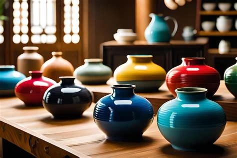 Premium Photo | A collection of colorful vases on a wooden table.
