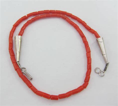 Native American Tube Coral Beads Necklace W Silver Sterling Clasp By