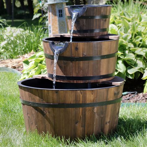 Sunnydaze Rustic 3 Tier Wood Barrel Water Fountain