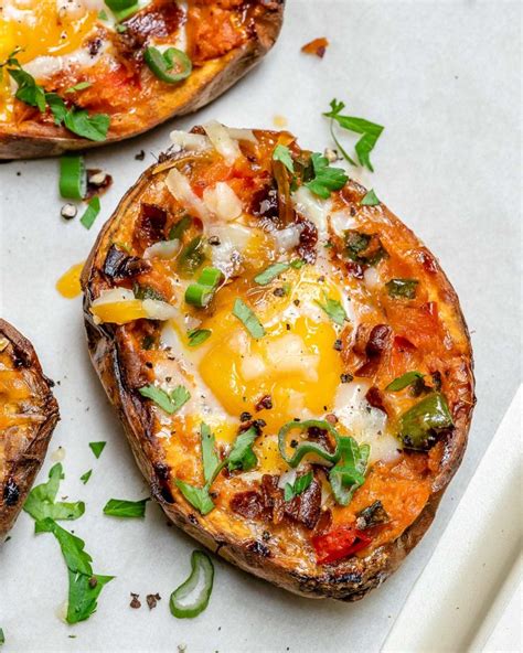 Twice Baked Stuffed Sweet Potatoes With Bacon And Eggs For Clean Eats