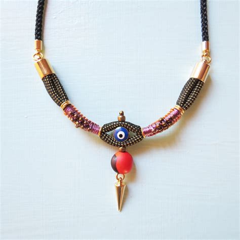 Evil Eye Choker Rope Necklace With Gold Spike Fiber Ethnic Etsy