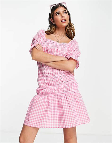 Influence Shirred Milkmaid Mini Dress In Pink Gingham Asos