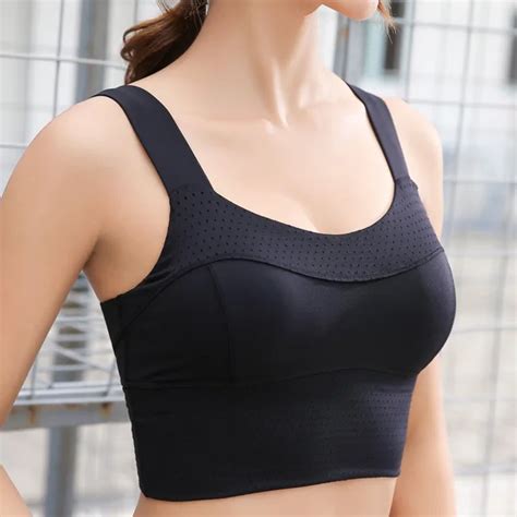 black long line gym sport bra high impact womens padded running workout bra top push up