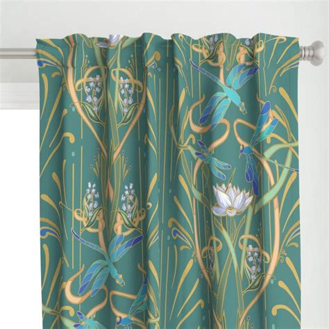 Aqua Art Nouveau Curtain Panel Art Nouveau Dragonflies By Etsy
