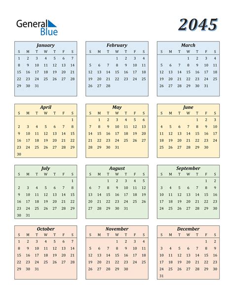 2045 Calendar Pdf Word Excel