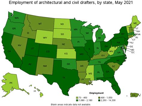 Map Of Employment Of Architectural And Civil Drafters By State May 2021