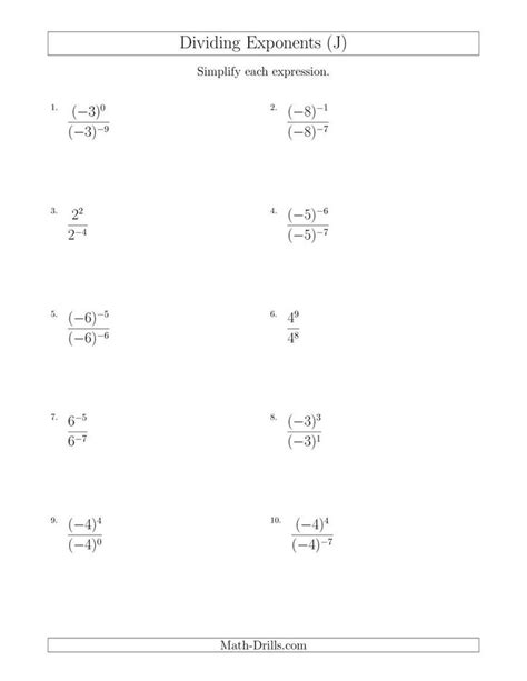 In this exponent worksheet, students simplify expressions containing exponents. The Dividing Exponents With a Larger or Equal Exponent in ...