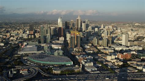 8K stock footage aerial video of Downtown Los Angeles, California, seen from the interchange and ...