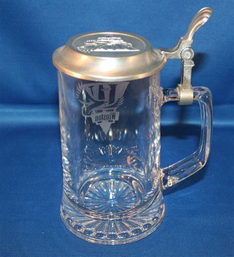 Vintage Glass Beer Stein Etched Winston And Pewter Embossed Lid Glass Beer Mug Barware Collectible